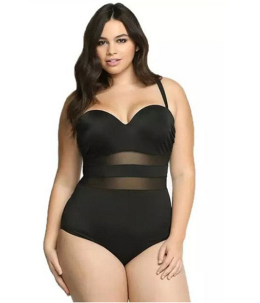 Black Mesh One Piece Bathing Suit - PLUS