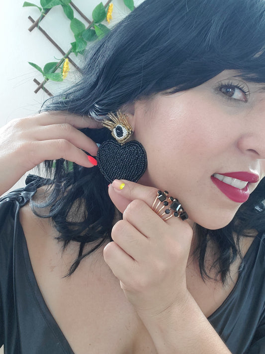 Eye Heart Beaded Earrings (gold & black)