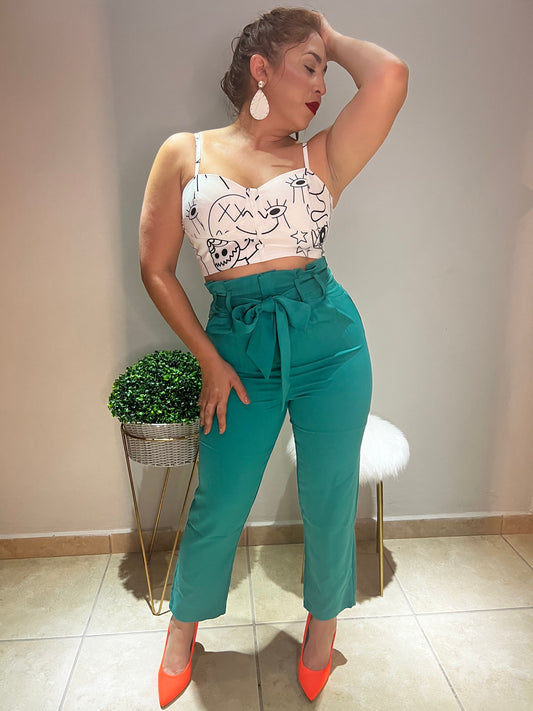 Teal Belted Paper Bag Office Pant